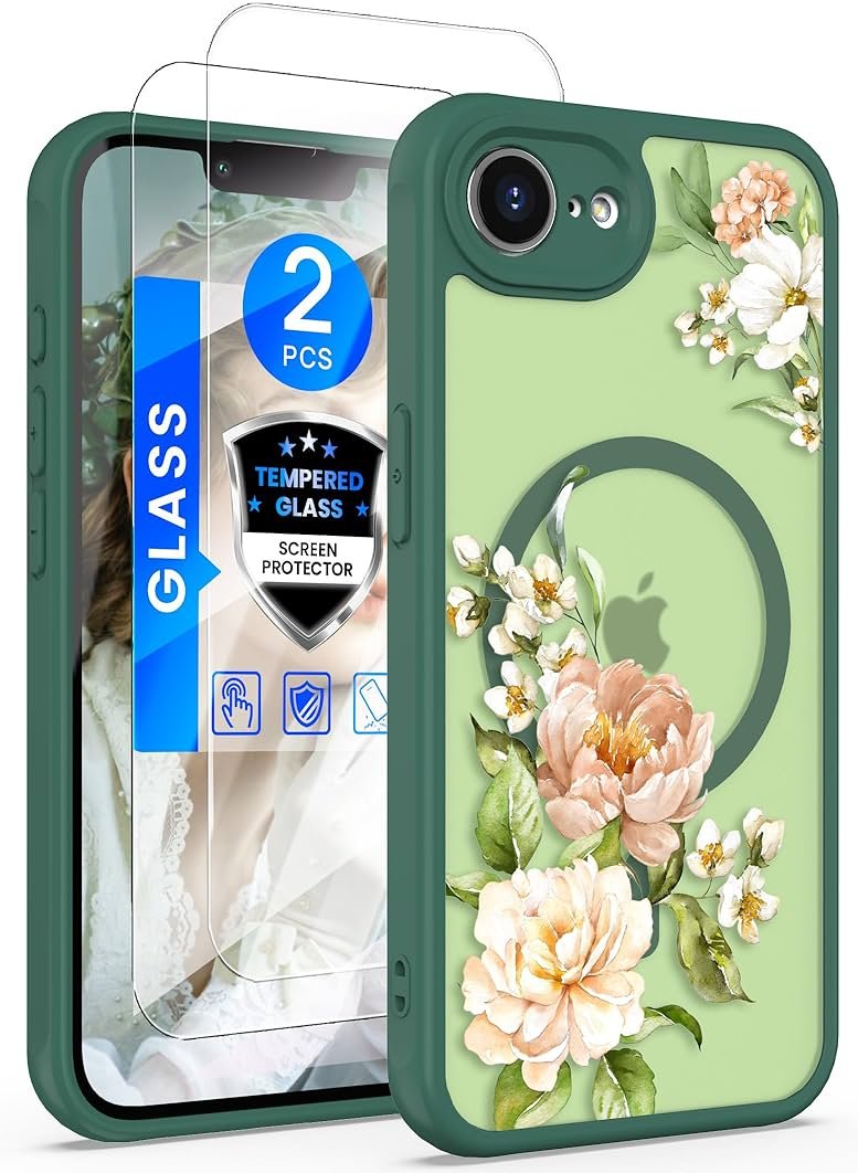 Yucenx for iPhone 16e/17e Floral Phone Case with 2X Screen Protector, Military Grade Magnetic Translucent Matte Girls Women Flower Pattern Protective Cover for iPhone 16E/17E (Green) - Product Image
