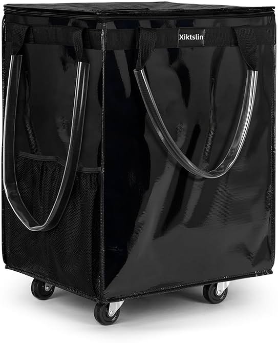 (Large, Black) Reusable Grocery Bag on 5 Wheels, Foldable Rolling Tote Carries Up to 110lb Shopping Trolley, Rolling Bag with 3 Handles, Zipper Clouser Rolling Tote Bag with Wheels for Laundry - Product Image