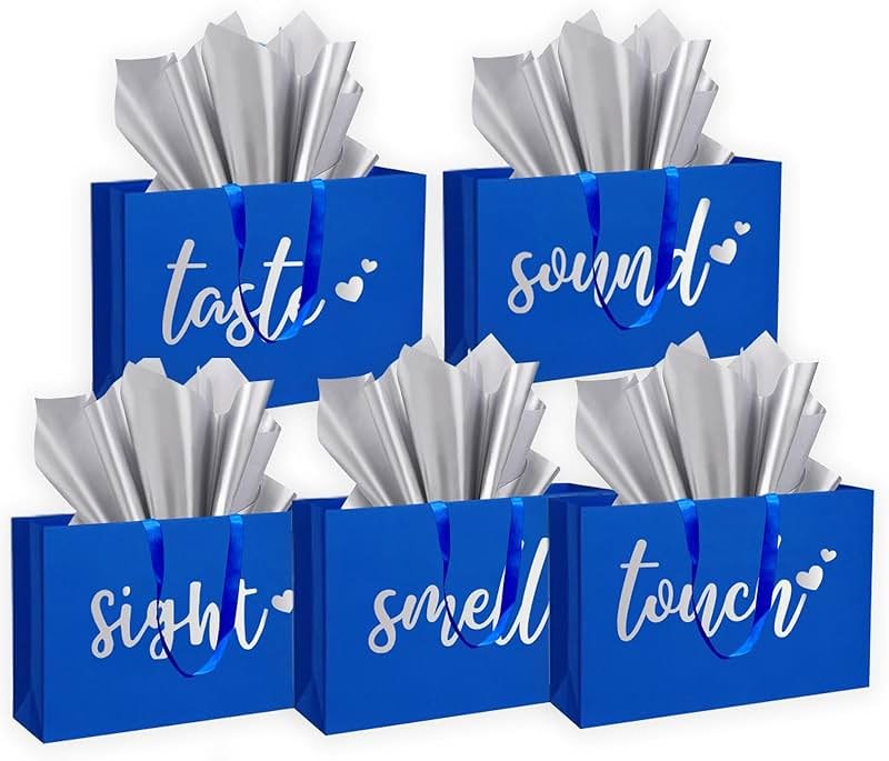 YIXAXKAO 5 Senses Gift Bags Five Senses Gift Bags with Tissue Paper Kraft Paper Bag with Ribbon Handles for Anniversary, Valentine's Day, Birthday for Him Husband Boyfriend (Blue Silver) - Product Image