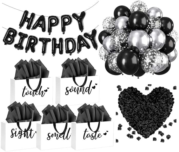 YIXAXKAO 5 Senses Gift Bags Five Senses Birthday Party Decorations with Tissue Paper, Rose Petals and Happy Birthday Banner Balloons Five Senses Gift for Him Husband Boyfriend (Black white) - Product Image