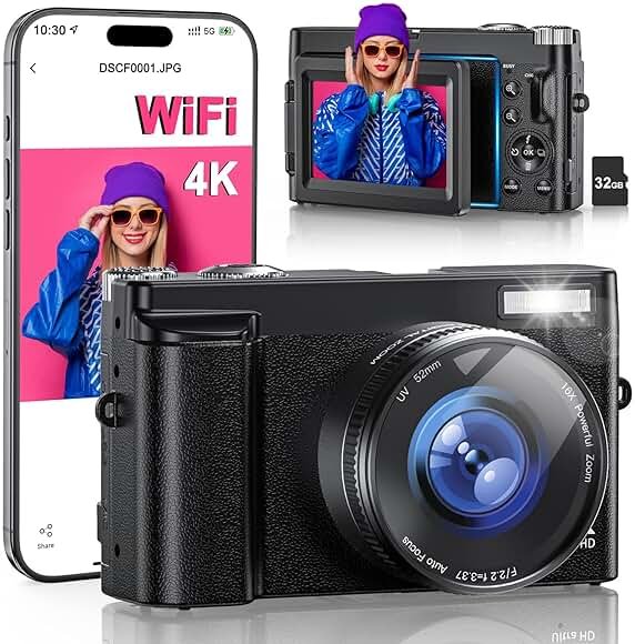 4K Digital Camera for Photography, WiFi 64MP 180° Flip Screen 3" Autofocus Vlogging Camera for YouTube, 16X Zoom Compact Point and Shoot Cameras for Beginner with 32GB Card, 2 Batteries - Product Image