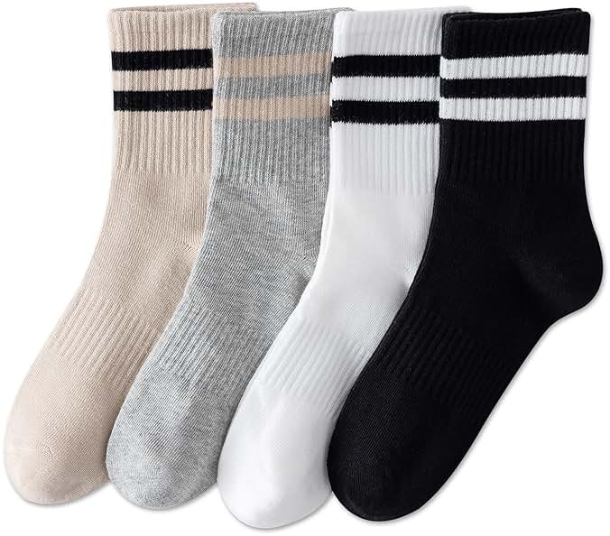 YUWELL Womens Striped Crew Socks, Cotton Cozy Casual Socks for Women 4 Pairs, Size 5-10 - Product Image