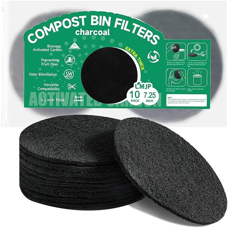 LMJP 7.25 Inch Charcoal Filters for 10 Pack Kitchen Countertop Compost Bins - Extra Thick 0.3" for Longer Lasting Activated Carbon - Product Image