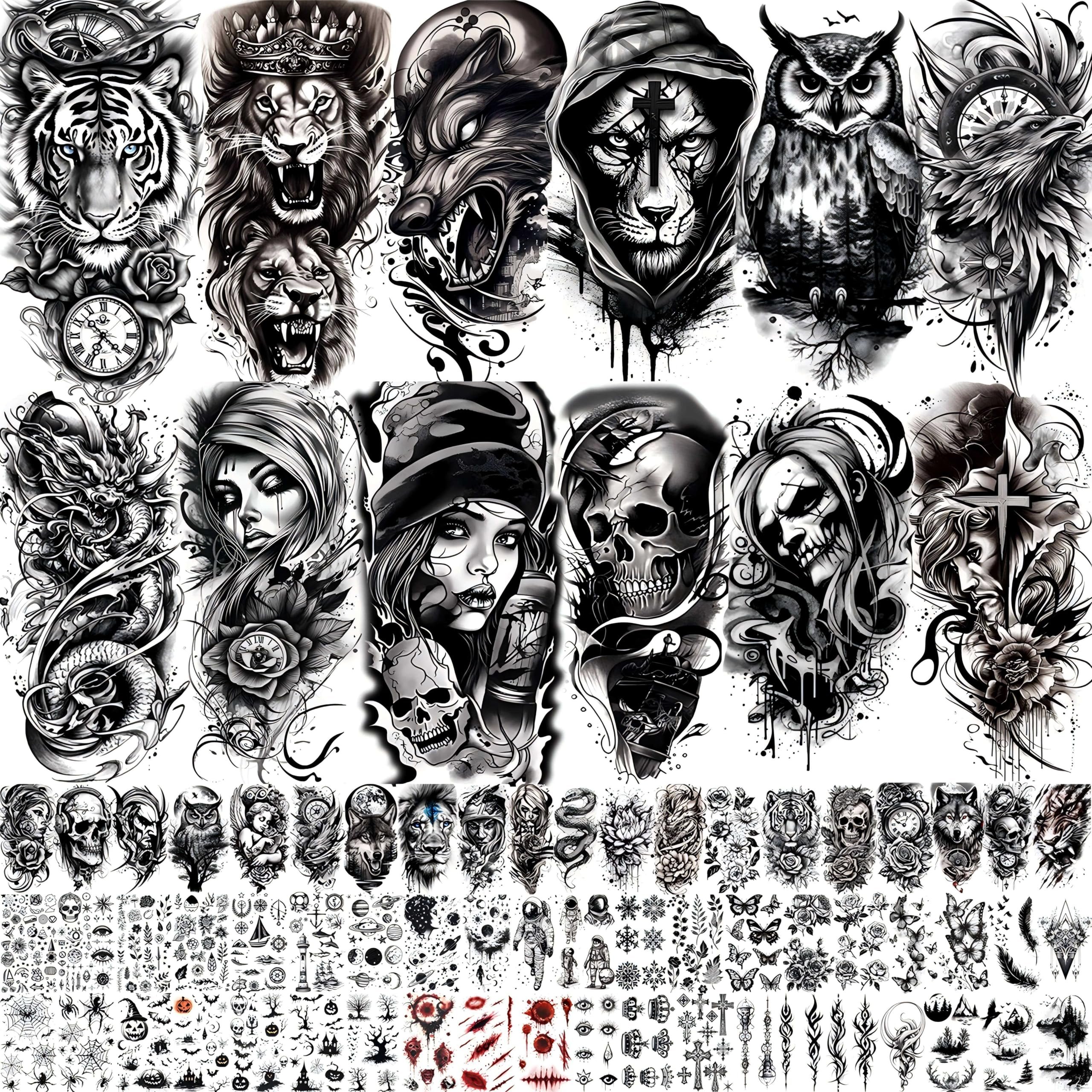 72 Sheets Temporary Tattoos for Men Women Adults - Black 3D Realistic Scary Animals Skulls Scars, Fake Tattoos Set for Halloween Cosplay Arm Sleeve Neck, Waterproof Long-Lasting Body Tattoo Sticker - Product Image