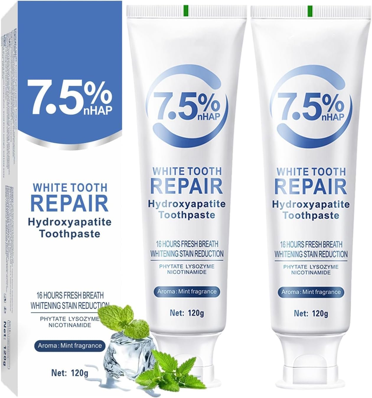 7.5% Hydroxyapatite Toothpaste, Fluoride-Free Toothpaste with Mint Flavor, Everyday Oral Care Formula, Fresh Breath Toothpaste, Gentle Cleaning for Daily Use, 4.23 Oz (White，2PC) - Product Image