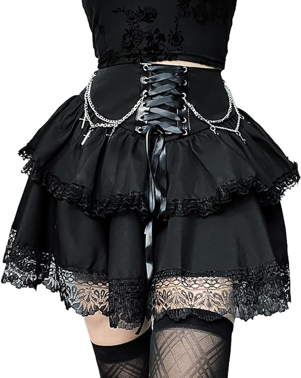 Skirts for Women Lace Up Double Layered Ruffles Skirts Gothic Punk Emo Skirt High Waist Skirt - Product Image