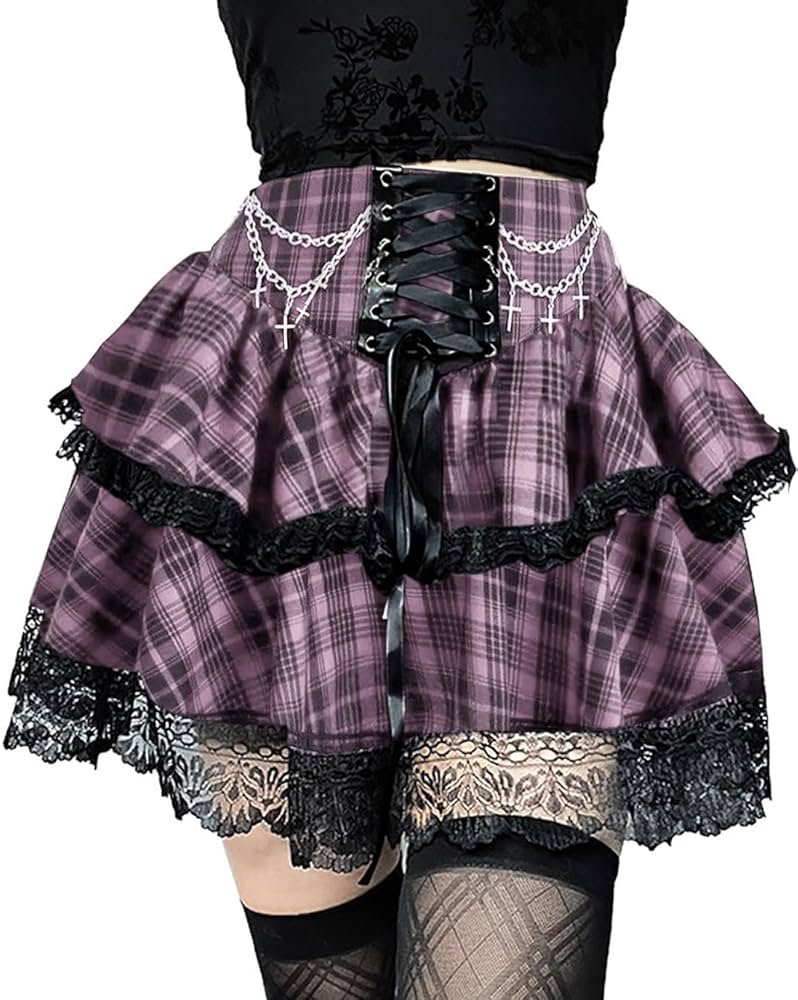 Skirts for Women Lace Up Double Layered Ruffles Skirts Gothic Punk Emo Skirt High Waist Skirt - Product Image