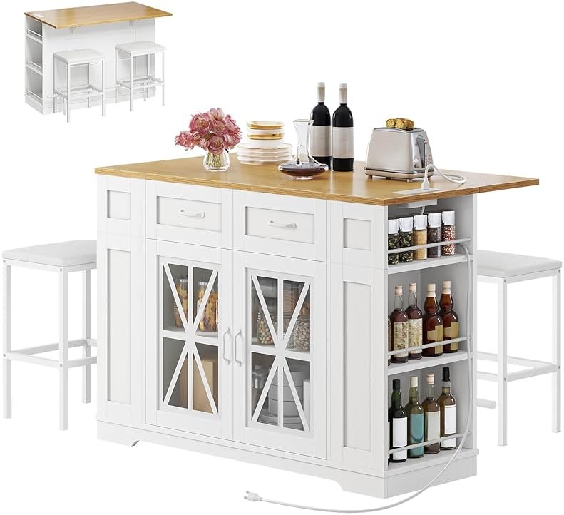 YITAHOME Kitchen Island with Seating, 47 Inch Mobile Storage Island with Drop Leaf, Rolling Islands Table with Power Outlet & Spice Rack, 2 Upholstered Stools and Footrest, for Dining Room, White Oak - Product Image