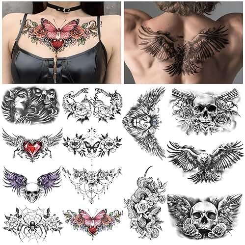 Yazhiji 13 Sheet Large Chest Underboob Temporary Tattoos for Adult, 8 Sheets Sexy Rose Flower Belly Tattoos Tramp Stamp for Women, 5 Sheets Body Scar Cover Fake Chest Tattoos Stickers for Men - Product Image