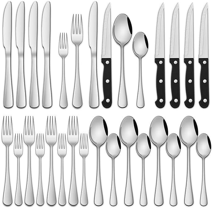 24-Piece Silverware Set with Steak Knives,Flatware Set Service for 4 Person, Food-Grade Stainless Steel Cutlery Set,Includes Knife Spoon And Fork, Mirror Finished Utensil Sets for Home Restaurant - Product Image