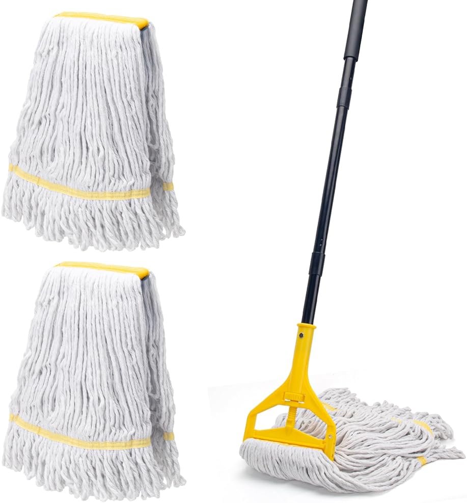 Commercial Mop with 3 Extra Large Replacement Heads,59" Long Handle Heavy Duty Industrial Mops for Floor Cleaning,Looped-End String Wet Cotton Mop for Home,Kitchen,Office,Garage,Concrete/Tile Floor - Product Image