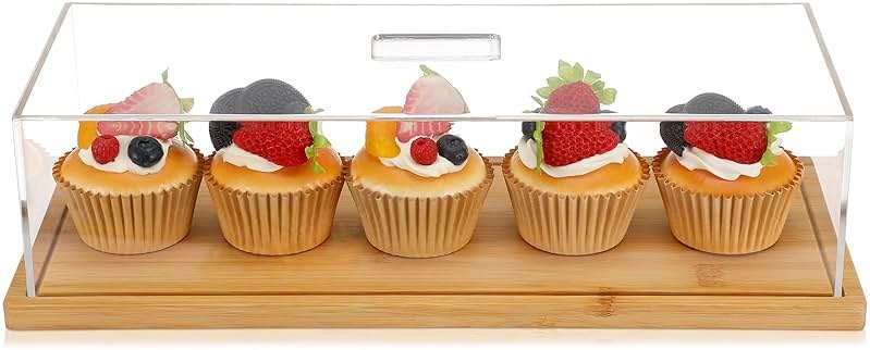 Cinnvoice 1 Pack Rectangle Cake Stand with Lid Bamboo Cake Plate Holder Cookie Dessert Tray with Lid Pastry Display for Kitchen Baking Gifts, Large Rectangle Tray Platter and Acrylic Cover, 15 x 6.5'' - Product Image