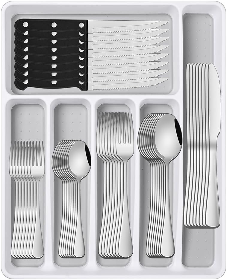 49 Pieces Silverware Sets With Organizer And Steak Knives,Stainless Steel Flatware Sets Service For 8 Person For Home Kitchen,Tableware Cutlery Sets,Includes Knife Spoon and Forks Sets - Product Image