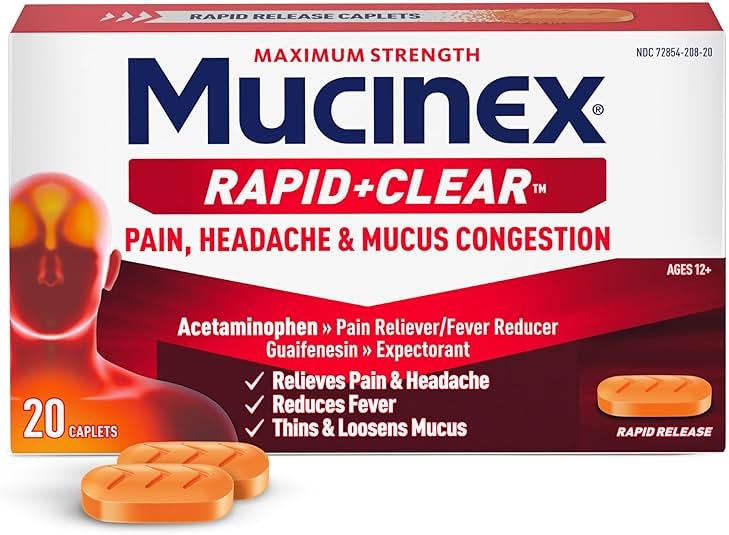 Mucinex Rapid Clear Maximum Strength Cold Medicine & Expectorant, Fever, Pain, Headache, & Excess Mucus Relief with Acetaminophen & Guaifenesin, Rapid Release Caplets for Adults, 20 Count - Product Image