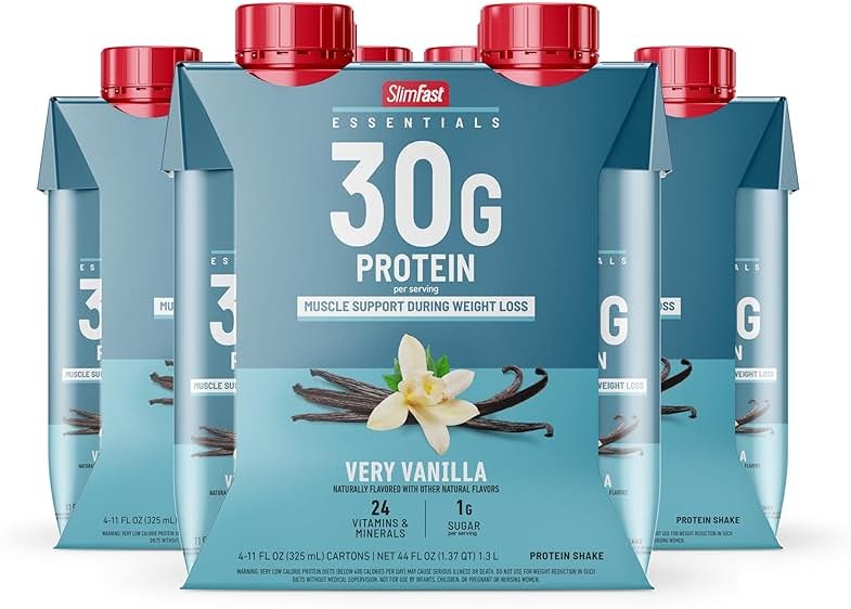 SlimFast Essentials 30g Vanilla Protein Shake, Protein Shakes Ready to Drink, Muscle Support, 1g Sugar, 24 Vitamins and Minerals, 1g Net Carbs, Very Vanilla, 12 Count - Product Image