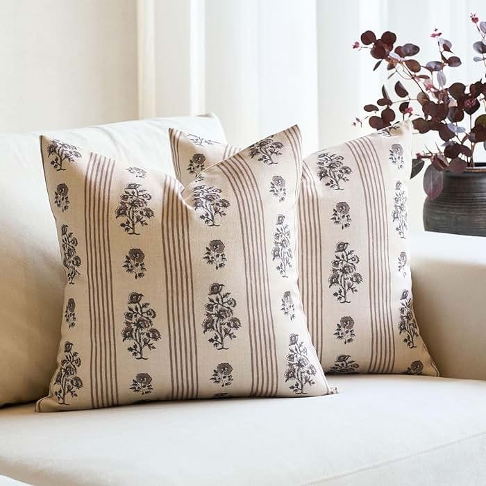 Amor Virisso Floral Throw Pillow Covers 20x20 Set of 2 Block Print Pillow Covers Neutral Floral Striped Farmhouse Decorative Pillow Covers for Sofa Couch Bed, Brown - Product Image