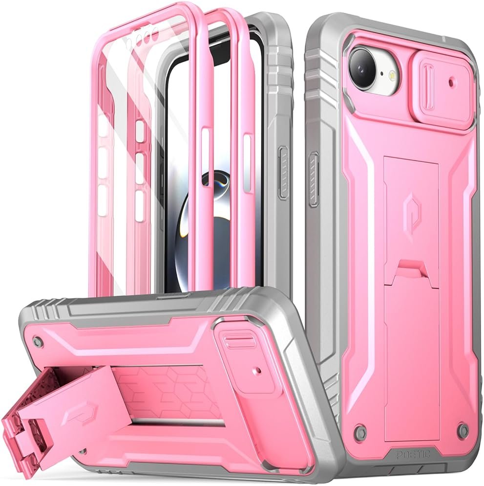 Poetic Revolution for iPhone 17e Case & iPhone 16e 6.1 inch Case, [Slide Camera Cover], Full-Body Military Grade Rugged Shockproof Cover with Kickstand and Built-in-Screen Protector, Pink - Product Image