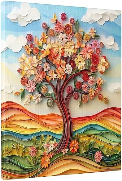 1 Piece Paper Quilling Tree Canvas Prints Wall Art 8 * 12, Fun Spring Retro Nature Vertical Wall Art for Living Room Bedroom, Small Large 3D Aesthetic Bathroom Decor Women Men - Product Image