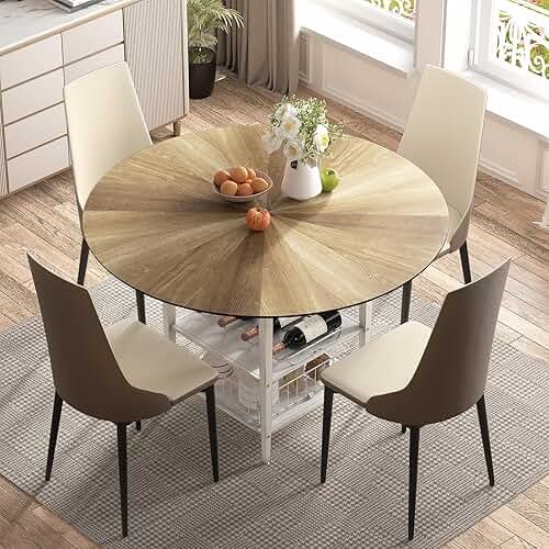 VFK 47 Inch Round Dining Table Set for 4-6 People, Large Farmhouse Kitchen Dining Table Set with Chairs and Storage Rack, Metal Base Round Table for Home Dining Room Living Room - Product Image