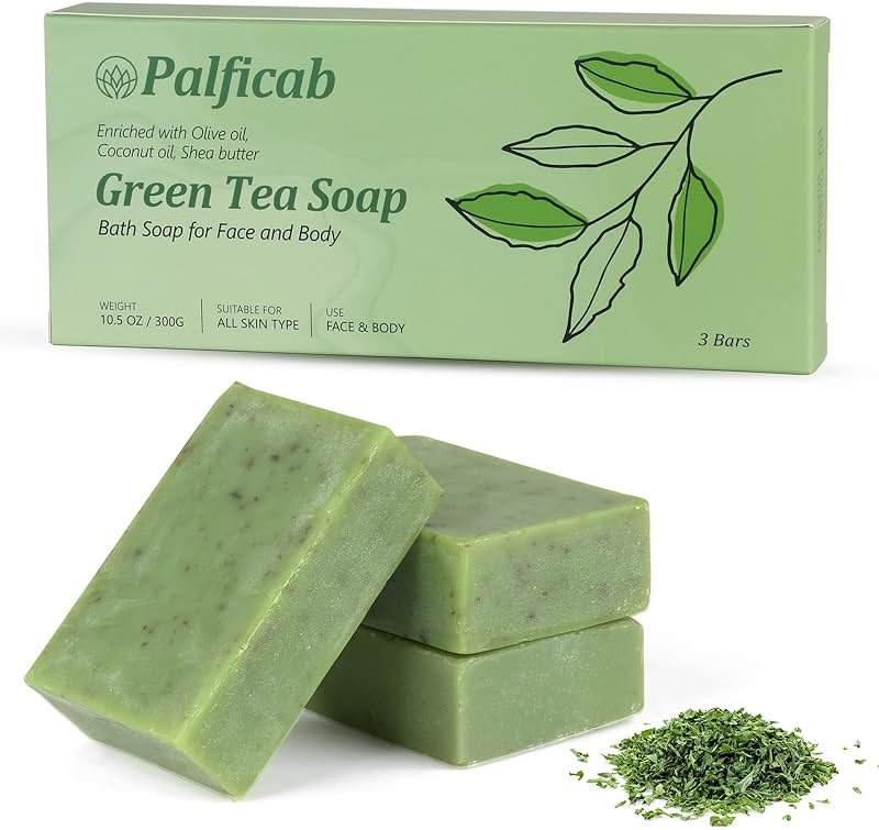 PALFICAB Green Tea Soap, Moisturizing Bath Soap Bars, Cruelty-Free, Gentle Exfoliating for Hydrating & Nourishing Skin with Green Tea Leaves, Coconut Oil, Shea Butter, Gifts for Women Men, 3 Bars - Product Image