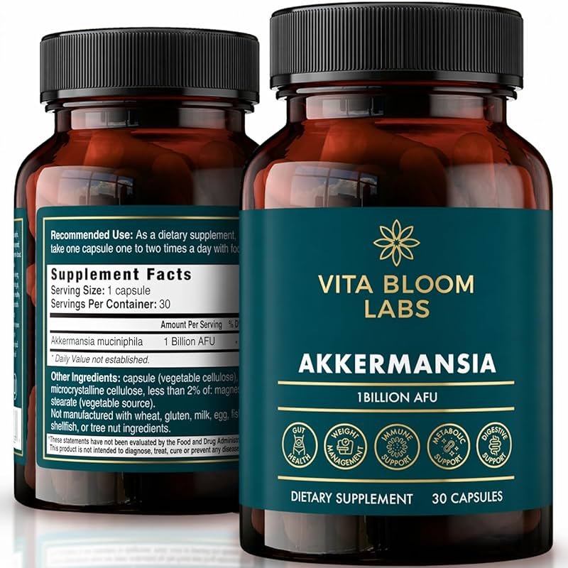 Vita Bloom Labs Akkermansia Probiotic Supplement - Promotes Digestive Comfort, Gut Lining & Microbiome Support - GLP-1 & Metabolic Wellness - Active Strain, 1 Billion AFUs - 30 Capsules - Product Image