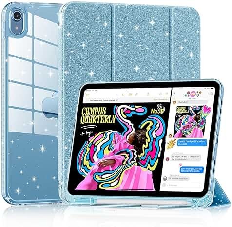 Lainergie Case for iPad (A16) 11th Generation 11-inch 2025, iPad 10th Generation 10.9-inch 2022, Cute Glittering Sparkly Shockproof Cover with Sparkly Crystal Clear Back and Pencil Holder, Blue - Product Image