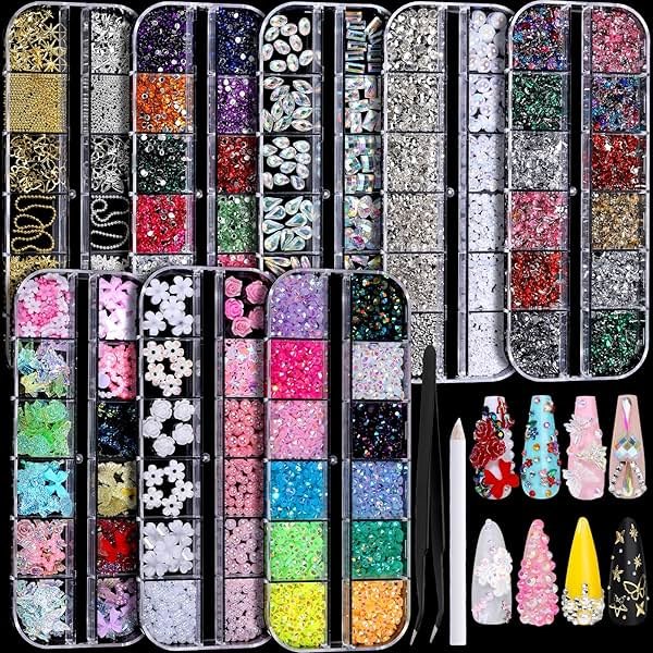 FANDAMEI Nail Charms, Nail Rhinestones Kit with 8 Boxes of Nail Gems, Bedazzling Kit for Nails, Colorful Clear Flatback Rhinestones, Charms Y2K for Nails, Multi Shape Nail Art Accessories for Crafts - Product Image