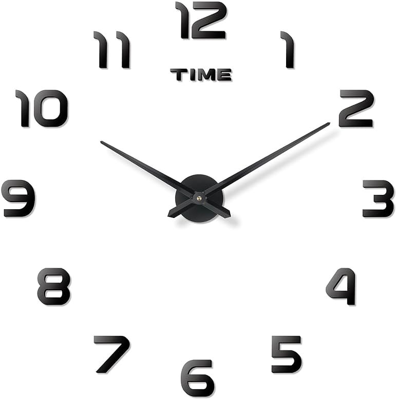 DaLianLian Big DIY Frameless Wall Clock Modern Large 3D Clock for Living Room Decor, Bedroom or Office Decoration Mirror Effect Arabic Numerals Metal Hands Silence Quartz Movement (Black) - Product Image