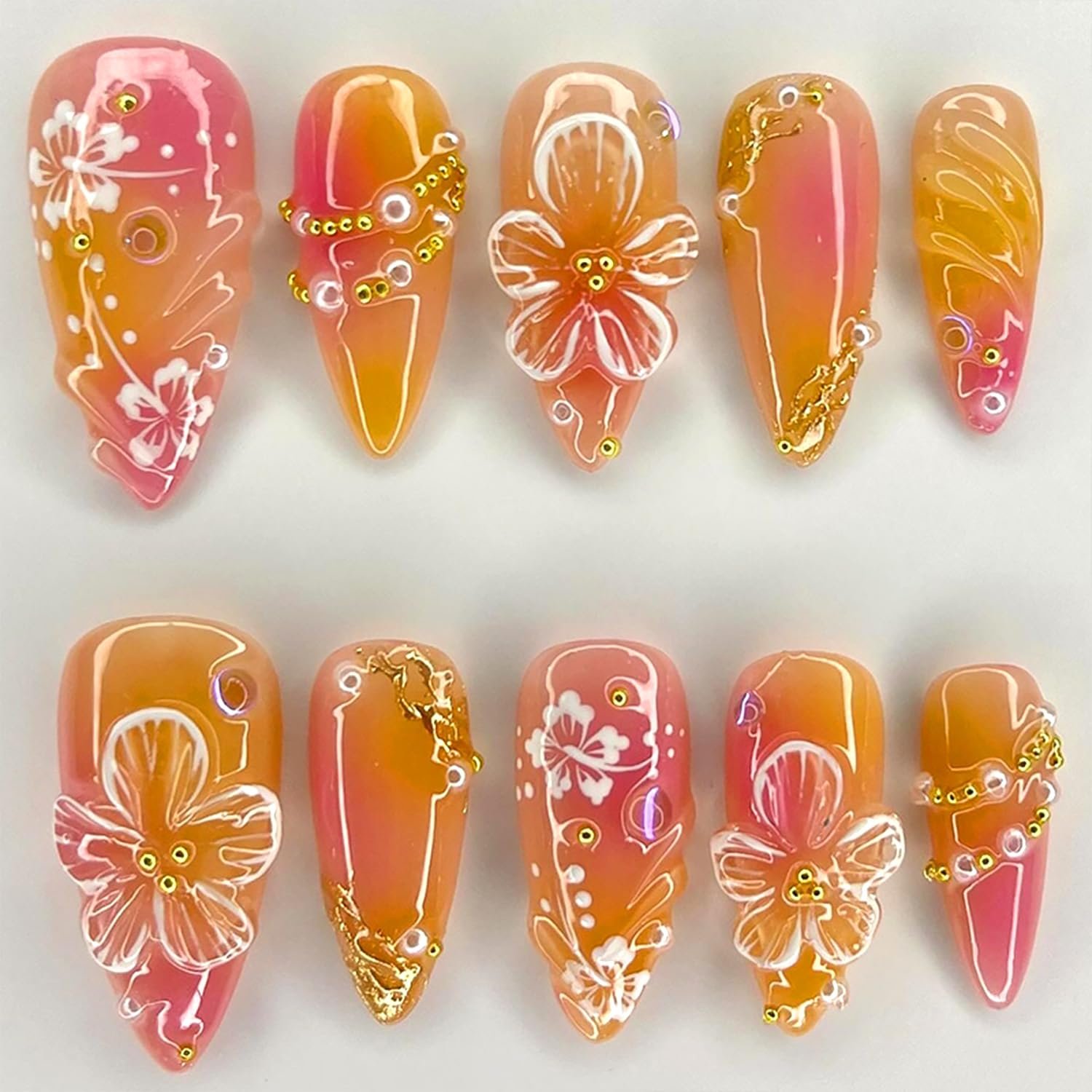 24Pcs Flower Press on Nails Medium Almond Handmade Fake Nails with 3D Pearl Charms Design Orange Red False Nails Full Cover Artificial Glue on Nails Spring Summer Stick on Nail for Women DIY Manicure - Product Image