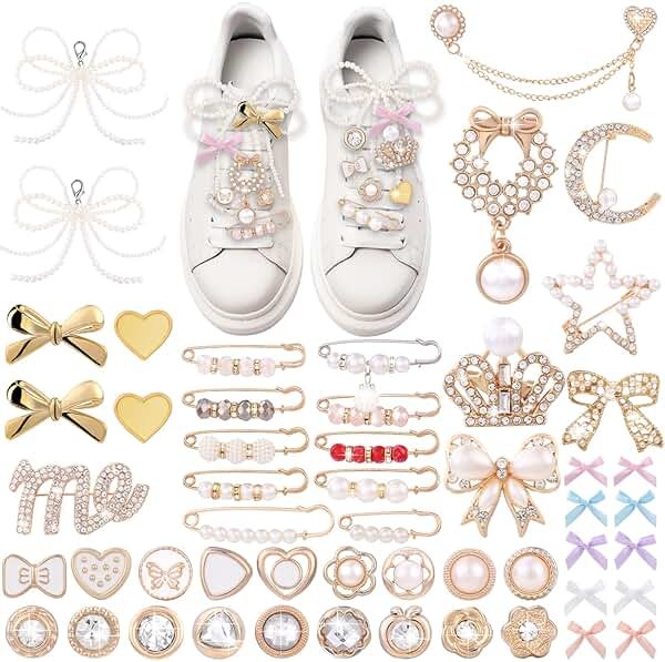 JOICEE 54 Pcs Shoe Charms Kit for Sneakers, Gold Brooches Pins Pearl Bow Lace Shoes Charms Jewelry Accessories Bulk for Sneakers Socks Clothes Hats Bags Decor - Product Image