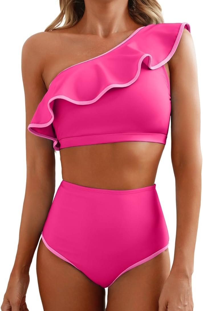 Herseas Women's One Shoulder Bikini Sets Color Block Trim Ruffle Hem Swimsuits Elegant Bathing Suits - Product Image