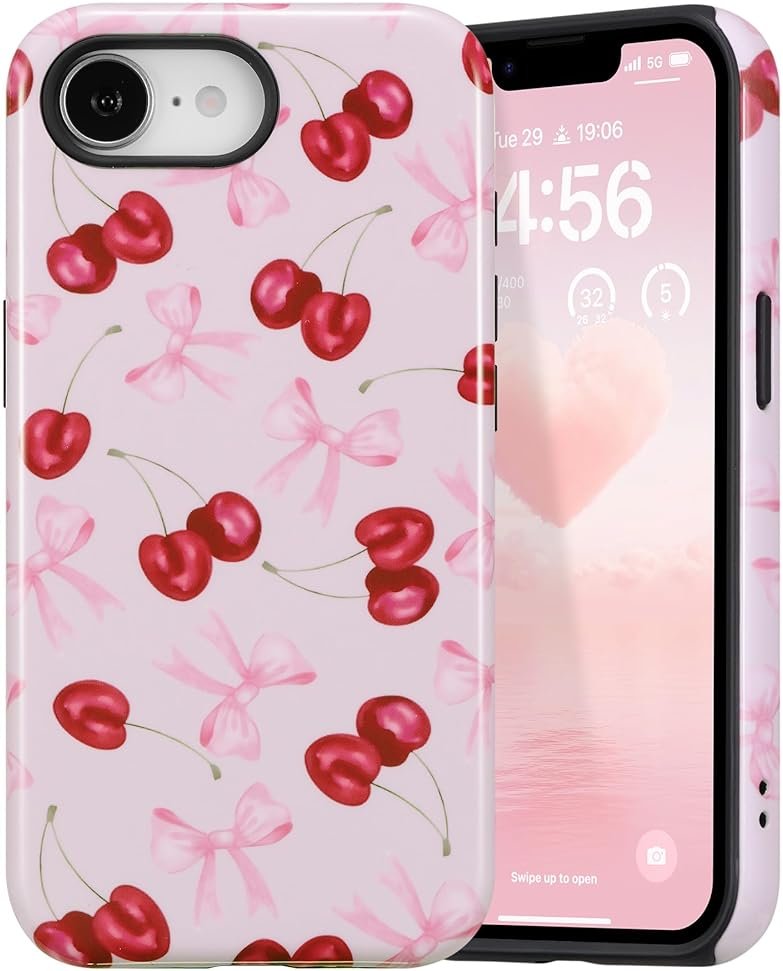 DEFBSC Case for iPhone 17e/iPhone 16e, Cute Pink Bow Cherry Print Aesthetic Trendy Pattern for Women Girls Slim Durable Bumper Shockproof for iPhone 17e/iPhone 16e Case, Pink Ribbon/Glossy - Product Image