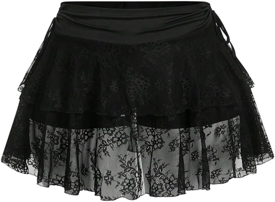 Verdusa Women's Plus Size Y2k Lace Sheer A Line Mini Skirt Ruched Tiered Layered Drawstring Ruffle Skirts - Product Image