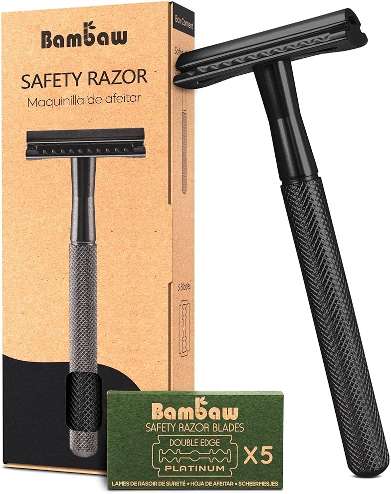 Bambaw Safety Razor for Men with 5 Blades, Double Edge Safety Razors for Men, Sustainable Single Blade Razor, Zero Waste Metal Razors - Black - Product Image