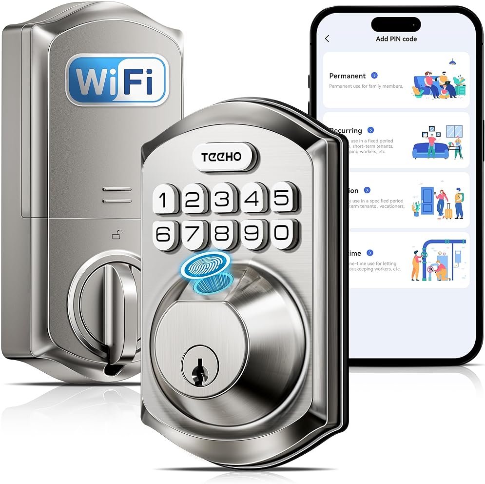 TEEHO TE012W WiFi Smart Lock, Fingerprint Door Lock with Built-in Wi-Fi, Keyless Entry Keypad Smart Deadbolt, App Remote Control, Alexa Compatible, IP55 Waterproof for Front Door – Satin Nickel - Product Image