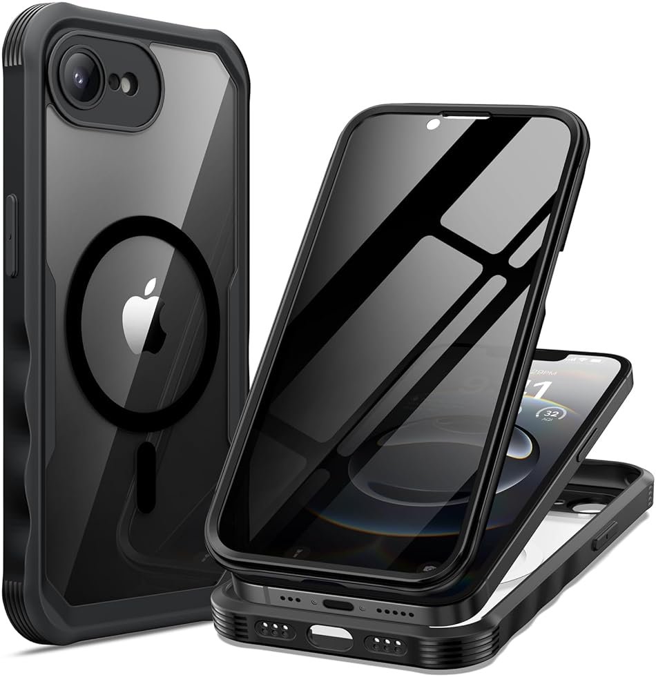 seacosmo for iPhone 17e 16e Case, Full Body Bumper with Built-in Tempered Glass Privacy Screen Protector and Camera Lens Protection, Compatible with MagSafe, Shockproof 17E 16E Phone Case, 6.1", Black - Product Image