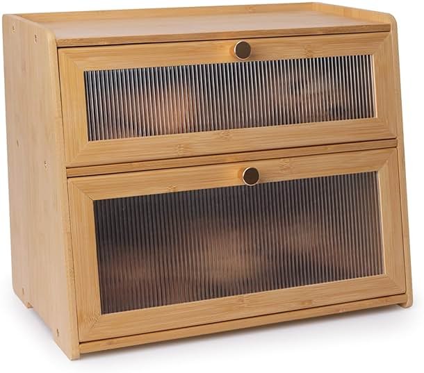 Beautiful Bamboo Bread Box for Kitchen Countertop Non-toxic Double Layer Wooden Breadbox Vitamin Organizer Supplement Bottle Organizer Vitamin Bottle Storage Food-Safe (Assemble Instruction Updated) - Product Image
