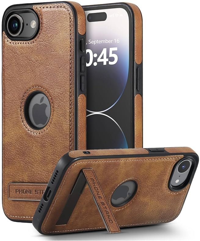 KSELF Leather Case for iPhone 16e/ 17e Case, Protective Slim with Kickstand Shockproof Phone Cases, Built-in Invisible Stand Compatible with iPhone 16e/ 17e 6.1'', Brown - Product Image