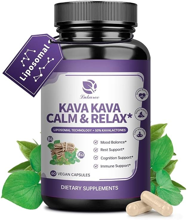Kava Kava Root Extract Supplement - Liposomal Kava Capsules with L Theanine 200mg, 50% Kavalactones, Relax Calming Kava Extract, Vitamin B6, B12 - for Sleep, Mood, Cognitive & Immune Support, 60CT - Product Image