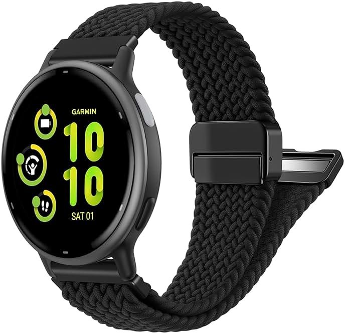 FINTIE Magnetic Braided Band Compatible with Garmin Vivoactive 5/6/3/3 Music/Forerunner 55/165/245/645/Venu Sq 2, 20mm Soft Elastic Fabric Adjustable Replacement Sport Straps - Product Image