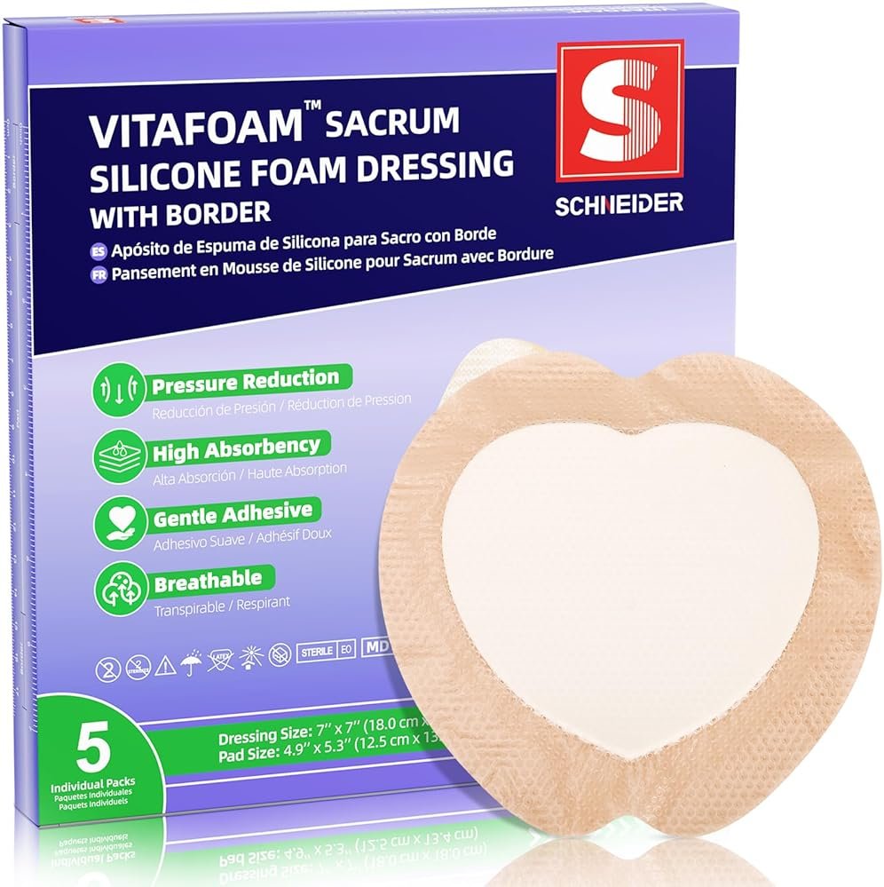 VitaFoam 5 Pack Silicone Foam Dressing 7" x 7" with Border, High Absorbency Wound Bandage, Gentle Adhesion, Soft Breathable Silicone Bandages for Wound Care - Product Image