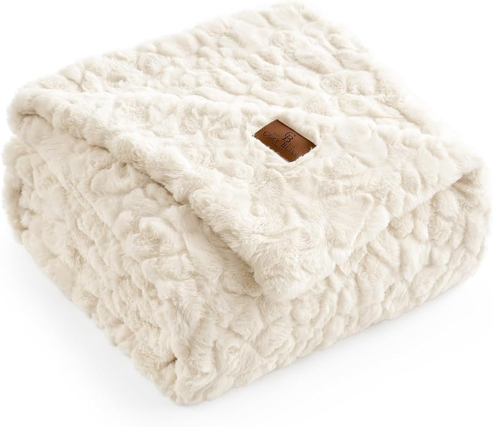 Cozy Bliss Faux Fur Throw Blanket for Couch, Fuzzy Soft Plush Thick Warm Fluffy Reversible Wave Textured Blanket for Sofa Bedroom Living Room, 55 * 70 Inches Cream White - Product Image