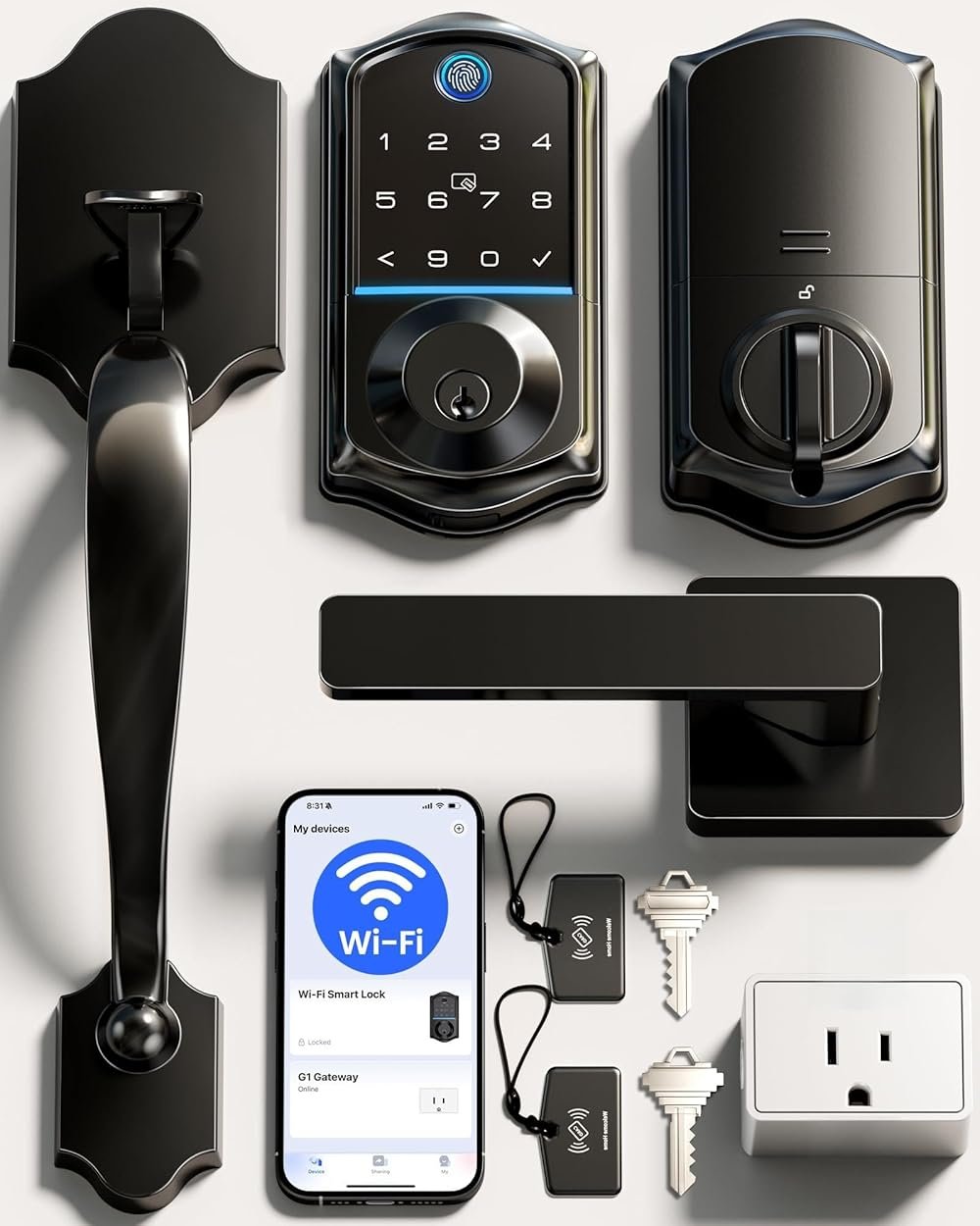 Veise VE017G-H Wi-Fi Smart Fingerprint Front Door Lock Set, Remote App Control, Keyless Entry Deadbolt with Handle, Backlit Keypad, IP55 Weatherproof, Auto Lock, Easy to Install, Matte Black - Product Image