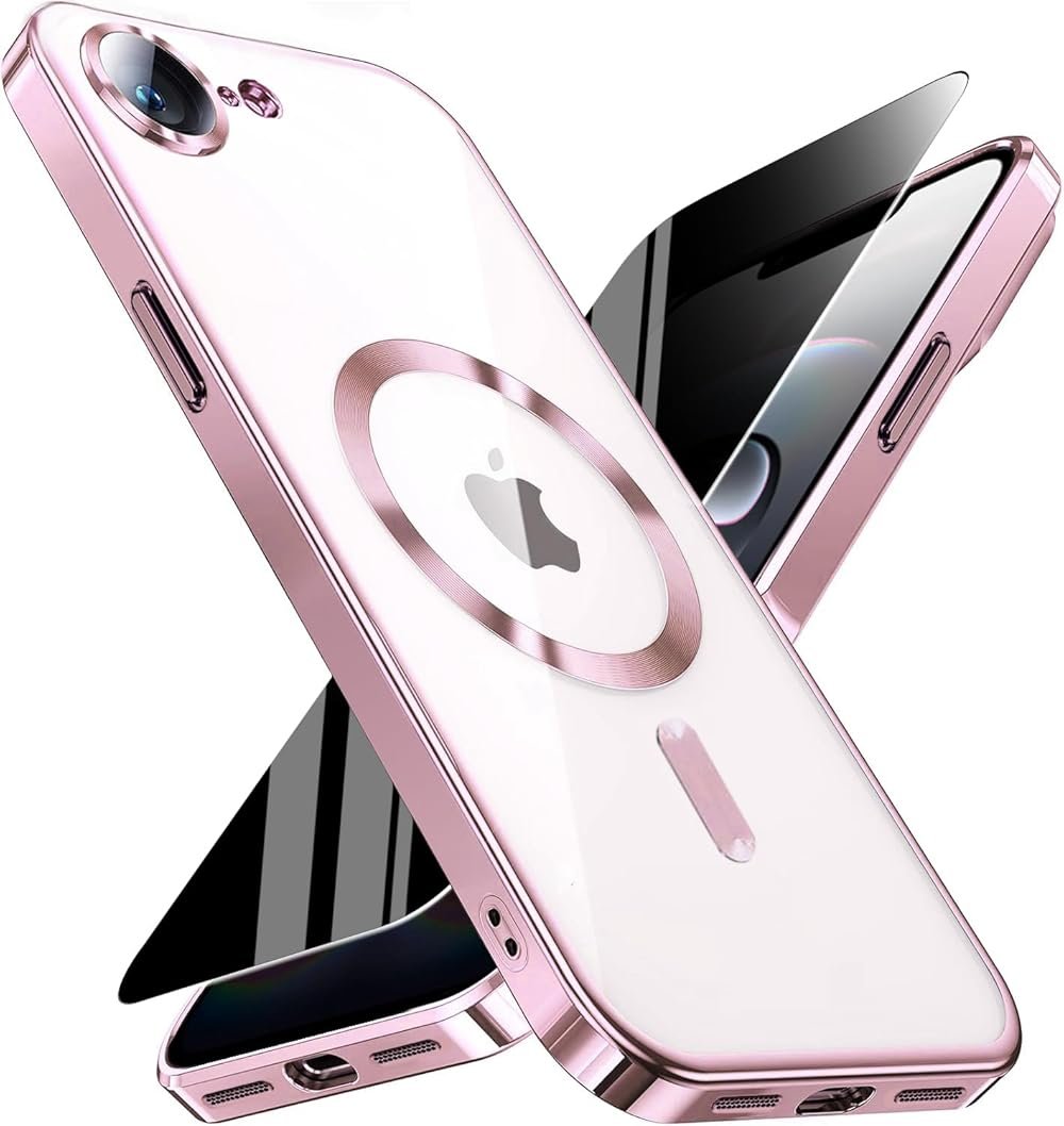 Magnetic for iPhone 17e/16e Case with Privacy Screen Protector & Full Camera Cover,[Non-Yellowing] Plating Glossy Soft Shockproof Clear Phone Case with MagSafe Women Girls for iphone 16 e/ 17 e,Pink - Product Image