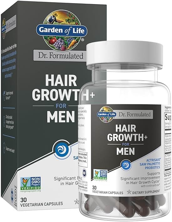 Garden of Life Dr. Formulated Men's Hair Growth Capsules – Saw Palmetto, Black Rice & Prickly Pear – Men's Hair Supplement, Non-GMO, Gluten-Free, 30 Capsules - Product Image