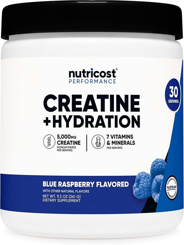 Nutricost Creatine Monohydrate + Hydration Blue Raspberry Flavored (30 Servings) - 7 Vitamins & Minerals, 5000mg of Creatine Per Serving - Product Image