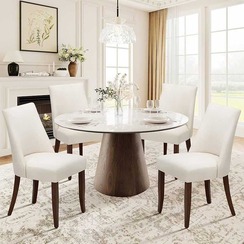 COLAMY Upholstered Dining Chairs Set of 4, Mid Century Modern Kitchen Chairs with Back, Farmhouse Fabric Side Dining Room Chairs with Wood Legs for Dining Room Restaurant, Beige - Product Image