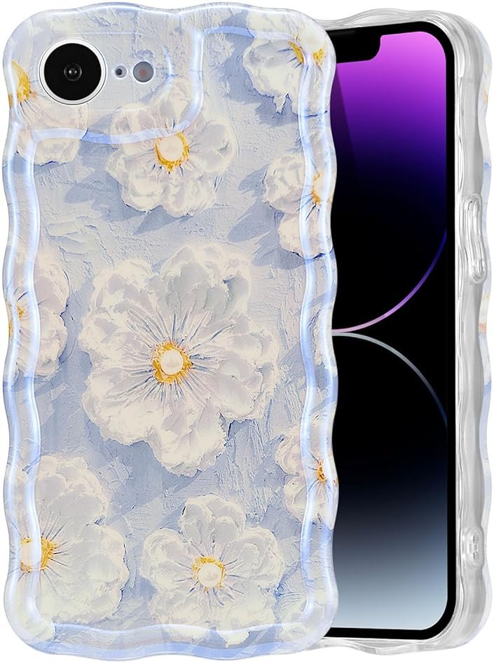 EYZUTAK Case for iPhone 17e/iPhone 16e, Colorful Retro Oil Painting Flower Laser Glossy Pattern Cute Curly Wave Edge Exquisite Phone Cover Stylish Durable TPU Protective Case for Girl Women-Light Blue - Product Image
