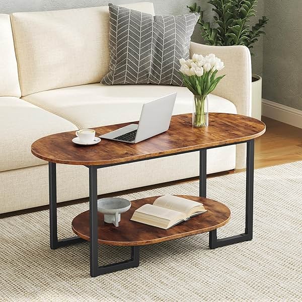 HOOBRO Coffee Table for Living Room, Oval Small Coffee Table with 2-Tier Open Storage Shelf, Industrial Cocktail Tea Table, Wooden Desktop Center Table, Farmhouse, Home Office, Rustic Brown BF09KF01 - Product Image