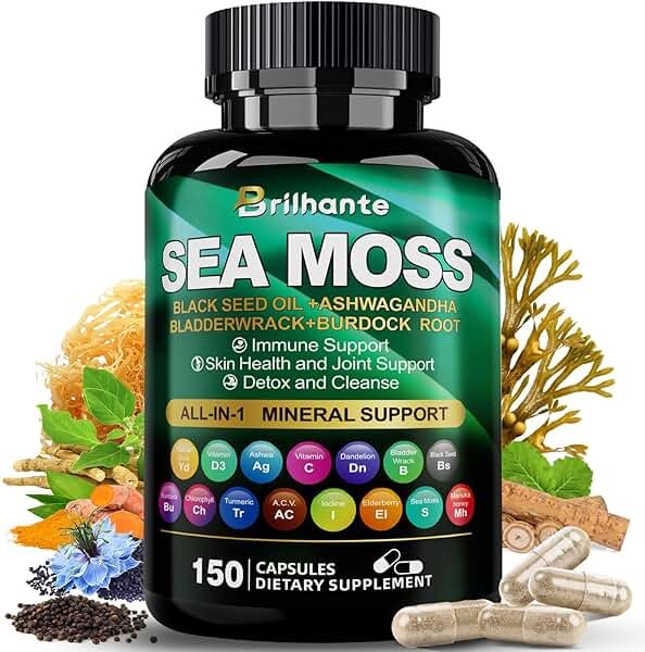 Irish sea moss capsules,organic sea moss supplement for energy and fatigue,seamoss black seed oil ashwagandha burdock root organic Mineral Complex for Gut health, skin, and joints - 150 Count - Product Image